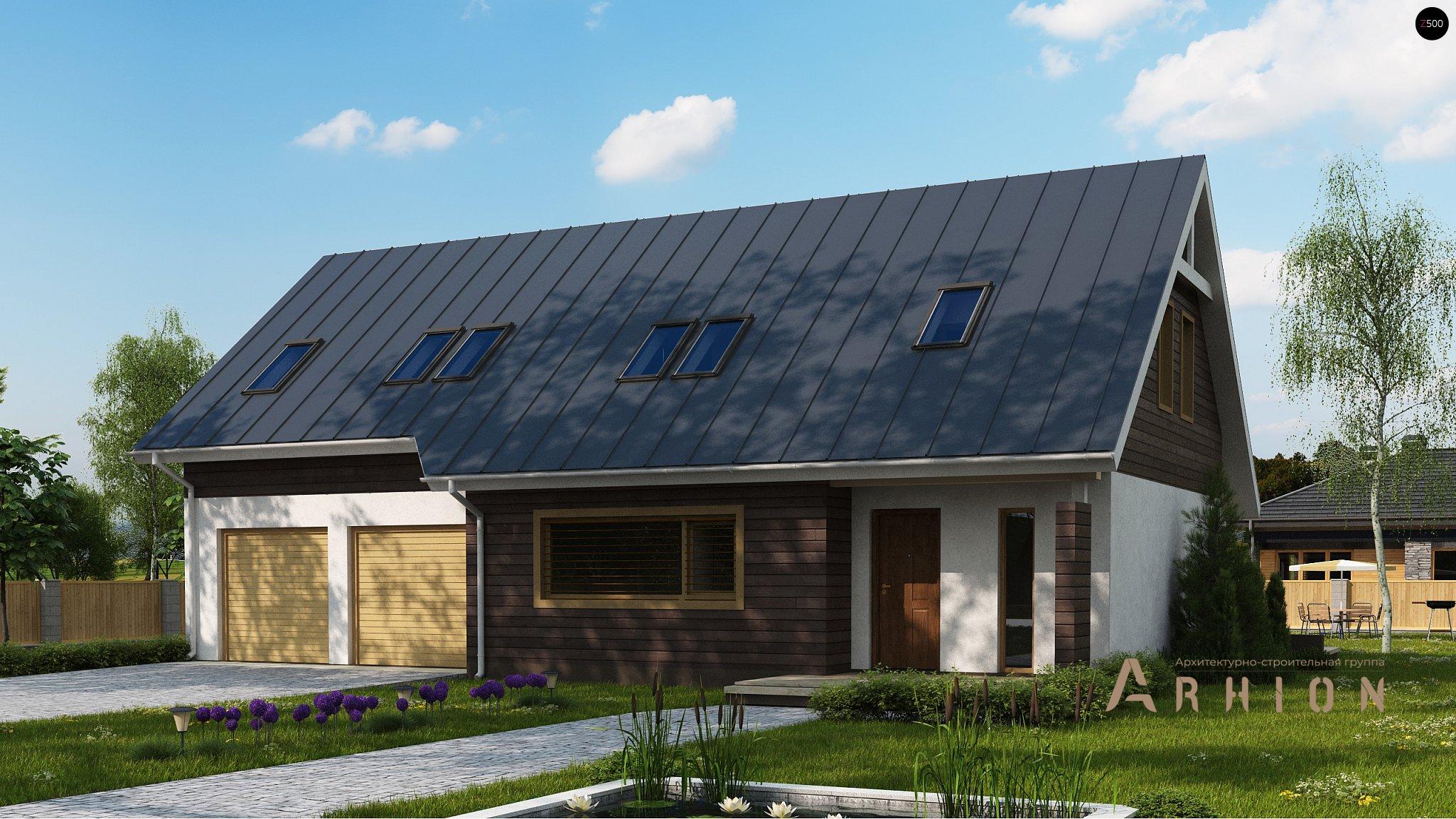 1. Проект одноэтажного дома в современном стиле с двускатной кровлей, Z68 GL2, площадью - 230 кв c мансардой, терассой, гаражом, эркером